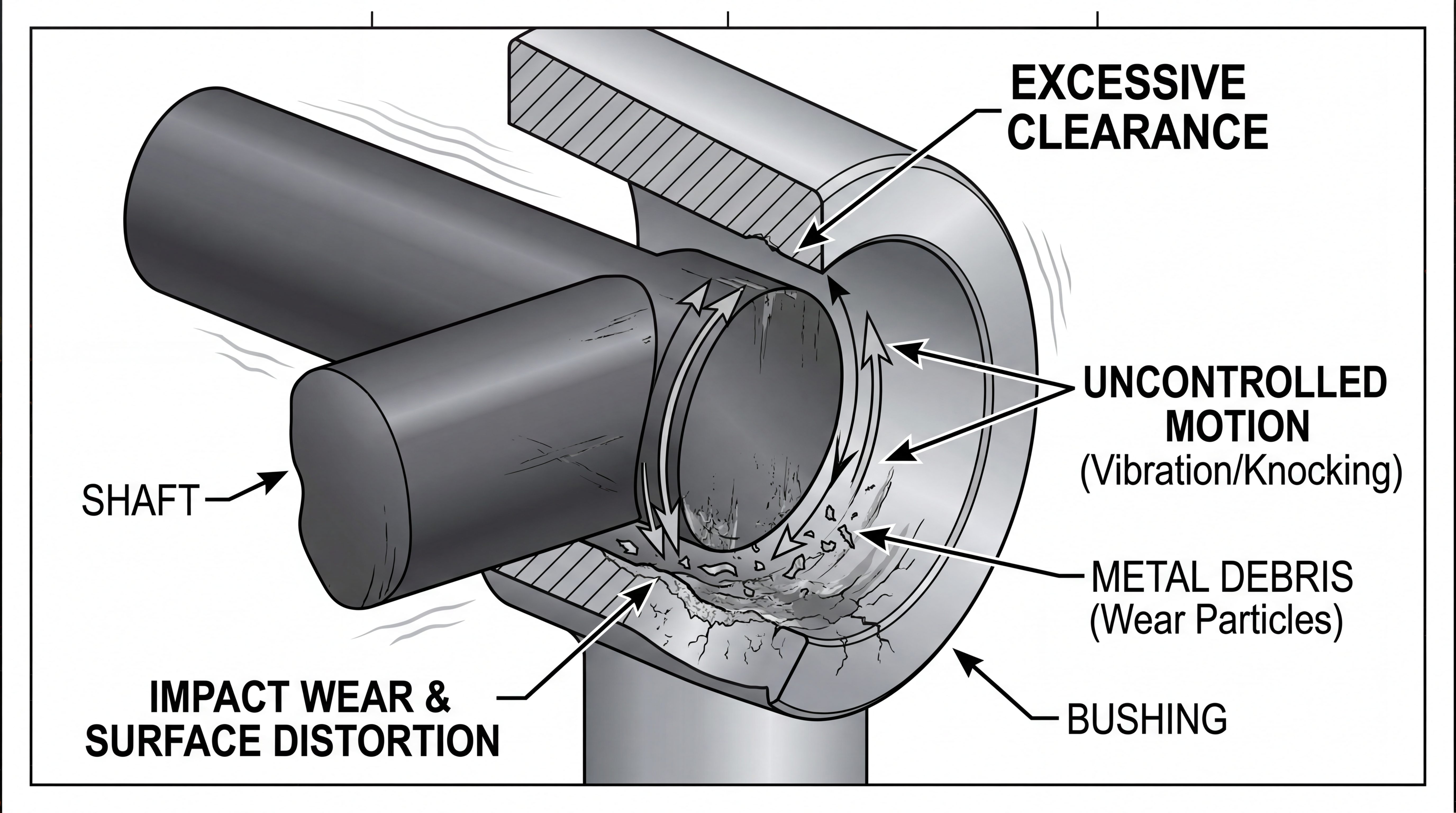 Excessive bushing clearance diagram showing uncontrolled shaft motion, vibration, knocking, impact wear, surface distortion, metal debris, and bearing damage